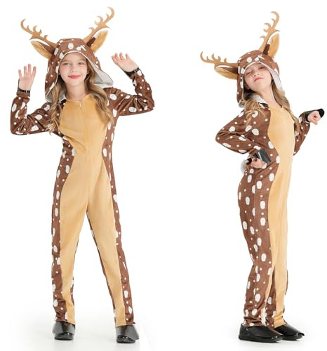 Funjoyz Cerf Renne de Noël Costume Enfants Fille Garçon Rudolph Wapiti pour Combinaison à Capuche Nouvelle Année Cosplay Carnaval Mascarade Fête à Thème en Famille Halloween 110-160 CM