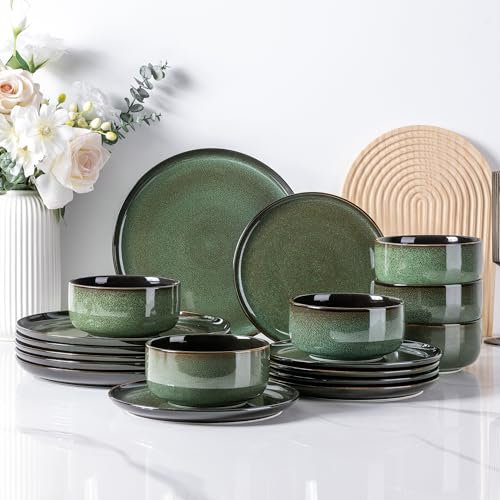 LeRatio Dinner Set for 6, 18 Piece Stoneware Plates and Bowls Set, Chip & Scratch Resistant Reactive Glazed Dinnerware Set, Dishwasher & Microwave Safe Crockery Set (Jade Green, Service for 6)