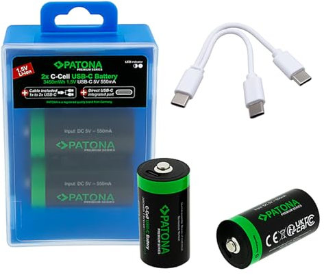 PATONA LR14 Baby C Lot de 2 Piles USB-C 1,5 V/3,45 Wh/2300 mAh, Rechargeables Via USB-C (550 mA), câble de Charge USB-C avec 2 Ports – 1411