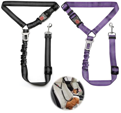 2 pièces réglable Ceinture securite Chien Voiture, Coussin élastique Anti-Vibration Ceinture sécurité Chien Convient aux Voitures (Noir + Violet)