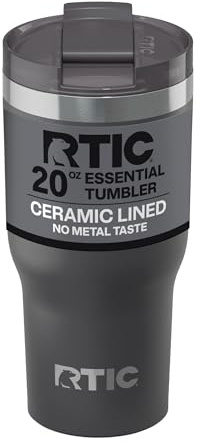 RTIC 20oz Essential Tumbler with Lid, Ceramic Lined, Insulated, Stainless Steel, Metal, Double Wall Vacuum-Insulation, Travel Cup for Iced Coffee, Tea, Hot and Cold Drink, Graphite