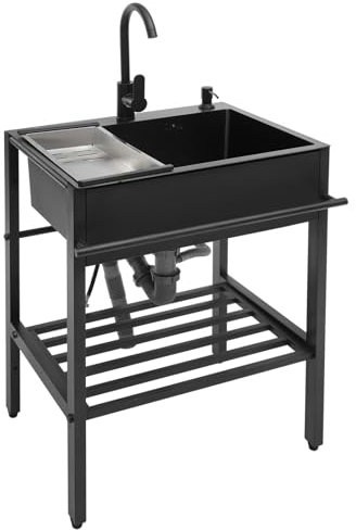 Spülbecken Freistehende Edelstahl Spültisch Waschbecken Ausgussbecken Schwarz Küchenspüle 1 Becken Küchenorganisation Spüle mit Wasserhähne, Seifenspender, Abtropfkorb