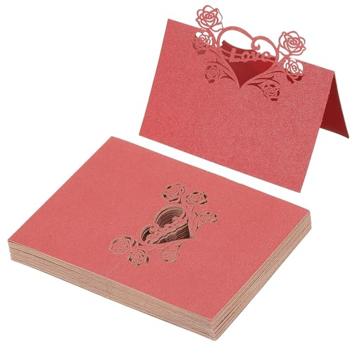 PATIKIL 50 tarjetas de lugar de boda, cortadas con láser, diseño de corazón de rosa, tarjetas plegadas, tarjetas de nombre para mesa, boda, recepción, bufé, color rojo perla