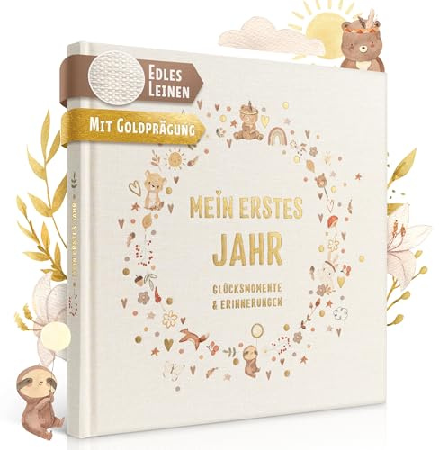 EULENTALER® Das Babyalbum mein erstes Jahr BOHO I Von Pädagogen gestaltet I Mit handgemalten süßen Illustrationen I Echtes Leinencover + Goldprägung I Babytagebuch für Jungs & Mädchen zur Geburt