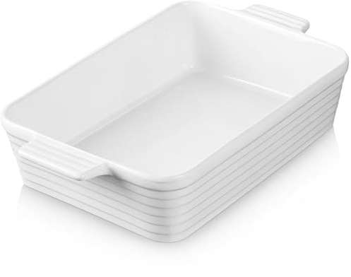 Jassceram Auflaufformen für den Backofen, 4,9 Liter Porzellan-Backform, Tiefe rechteckige Backform mit Griffen für Lasagne, Braten, Backofen und Spülmaschinenfest, großes Küchengeschenk, Weiß, 38,6 cm