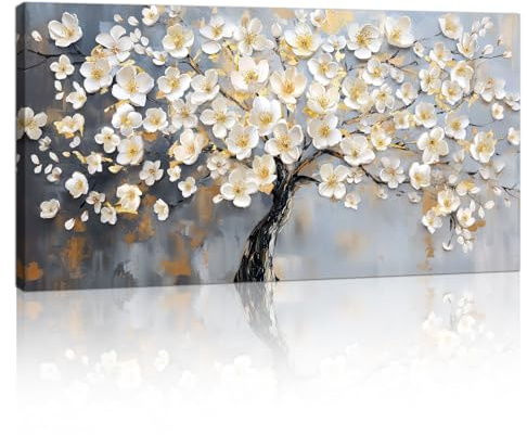Stor blågrå kanvas väggkonst för vardagsrum, beige blommande blommor träd inramad väggmålning natur vitt guld blommiga bilder på tryck kanvas väggdekor för sovrum kontor redo att hänga 120 x 50 cm