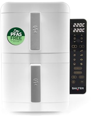 Salter VertiCook Ultra Stackable Air Fryer - Vertical 9 L Digital, 2 x 4.5L Baskets & Racks, 9 Functions, Sync & Match, PFAS-Free Grill Tray, Space Saving, 60-230°C, 60-Minute Timer, 2400W, White
