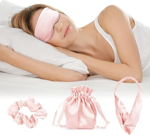 Mascherina per Dormire Raso Maschera di Sonno da Viaggio Mascherine da Notte con Anello per Capelli Fascia per Capelli e Custodia per Ragazze Donne, Rosa