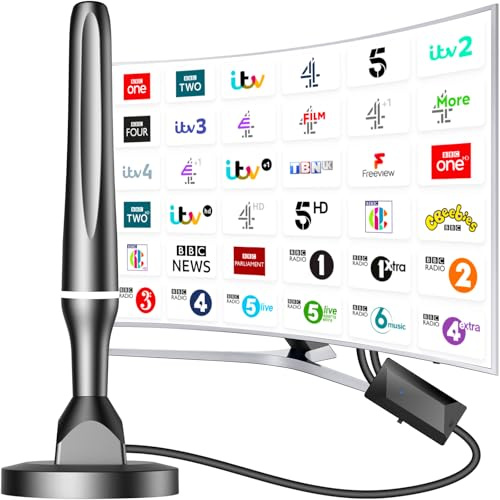 TV Aerial, Freeview Indoor Aerial TV with 560+ Miles Long Range & 360° Reception, Digital HDTV Antenna Indoor with Magnetic Base+Signal Booster, Support VHF/UHF/DAB Radio for Smart & Old TVs