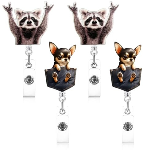 4 st ID-korthållare utdragbar tvättbjörn, chihuahua ID-korthållare sjuksköterska bricka hållare med ryggklämma små djur etikett rulle infällbar racoon ID-jojo lärare elever läkare sjuksköterskor