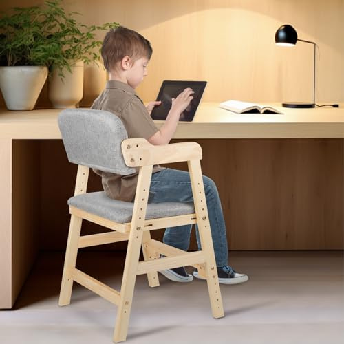 1PC Chaise Haute Evolutive en Bois pour bébé, Chaise Enfant Réglable, Fabriqué en bois de hêtre de haute qualité-Accompagner les enfants dans leurs études-Gris