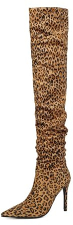 Generico Stivali sopra Il Ginocchio Donna Punta Tonda Tacco A Spillo Morbidi Camoscio Tomaia Morbida Soletta Imbottita Comodi Antiscivolo Resistenti Casual Festa Serata,Leopard Print,36 EU