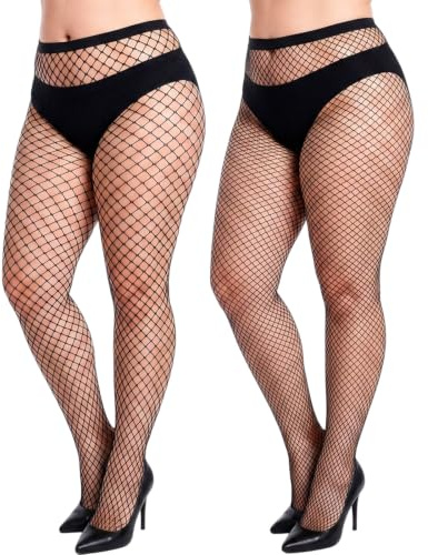 Abeillo 2 Pairs Plus Size Fishnet Tights Stockings Black High Waist Fishnet Stockings for Women