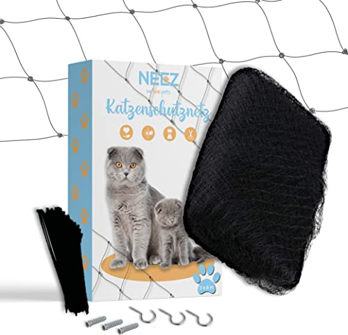 NEEZ Katzennetz für Balkon & Fenster ohne Bohren 3 x 8m - Schwarzes Robustes Katzenschutznetz inkl. Befestigungsset - Katzen Netz reißfest & wetterfest - Zuschneidbares Netz - Balkonschutz für Katzen