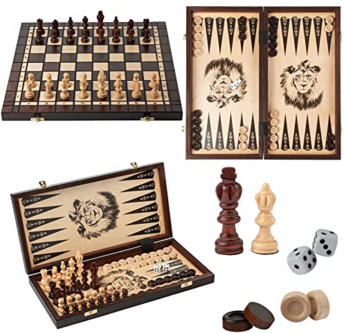 3in1 Schach-Dame-Backgammon Spiel | Master of Chess | XL Chess Set 40 cm | Handgemachtes Reise Backgammon Dame und Turnier Schachfiguren für Alle