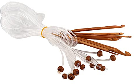 12Pcs Crochet Hooks Set, Bamboo Wood Crochet Hooks with Plastic Cable Tunisian Hook Needles Set Carpet Rug Weave Knitting Needles for Knitting Yarn, Weave Craft and Crocheting Projects