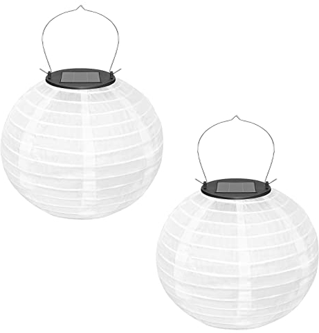 Weiße Lampions Papier ,2 Packungen LED Solarlaterne Runde Papierlaterne, 20cm Hängende Garten Lampions für Hochzeit Taufe Party Geburtstag Dekoration