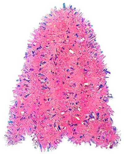 JXITON 20ft/6m Pink Christmas Tinsel Garland Iridescent Metallic Twisted Hanging Garland with Star for Chistmas Tree Fireplace Home Decoration