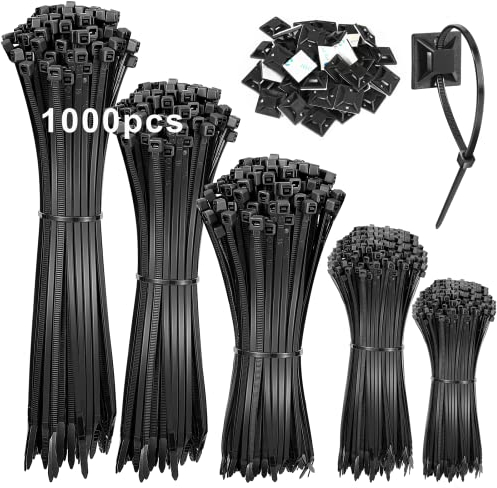 1000 Stück Kabelbinder Schwarz 100/150/200/250/300mm Und 50 Klebesockel,Kabelbinder UV Bestandig Temperaturbeständig für Kabelmanagement, Gartenarbeit, Wohnen und Werkstätten