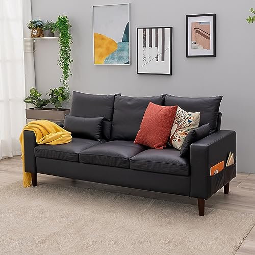 Panana Couch 3 Seater Sofa with Storage Pockets for Living Room, Upholstered Faux Leather Sofa Cushion Back Sofa for Bedroom