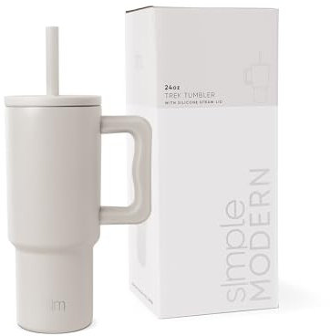 Simple Modern Mug Isotherme avec Poignée et Paille en silicone | Gourde Isotherme en Acier Inoxydable | Tumbler de viaje | Trek | 710ml | Almond Birch