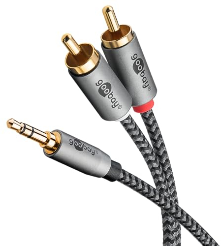 goobay 65288 Cable auxiliar estéreo RCA a jack 3,5 de 2 m/cable auxiliar de audio HiFi para smartphone; consola; sistema/revestimiento textil/chapado en oro