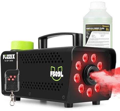 Fuzzix F509L - Máquina de humo 500W con 9 LED RGB, control remoto inalámbrico, 50 m³/min de humo, tiempo de calentamiento rápido, incluye 1L de líquido y depósito de 250 ml