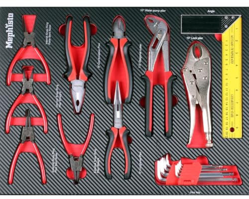 Mephisto Juego de alicates para carro de taller, con herramientas como alicates de anillo interior, alicates de anillo exterior, alicates combinados, cortadores laterales, pinzas de agarre en Soft