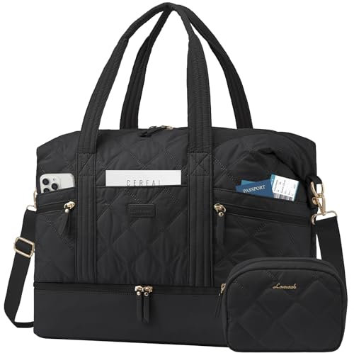 LOVEVOOK Reisetasche Damen, Leicht Puffer Weekender, Kliniktasche Geburt Mama Set, Groß Handgepäck mit Schuhfach & Nassfach, Travel Duffel Bag, Sporttasche für Flugzeug Reise Gym, Schwarz