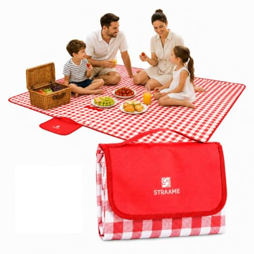 Straame Picnic Blanket Waterproof 200x140cm, Large Foldable Polyester Picnic Mat with Carry Handle, Machine Washable Gingham Beach Blanket for Camping, Garden, Festivals, Travel (Red)