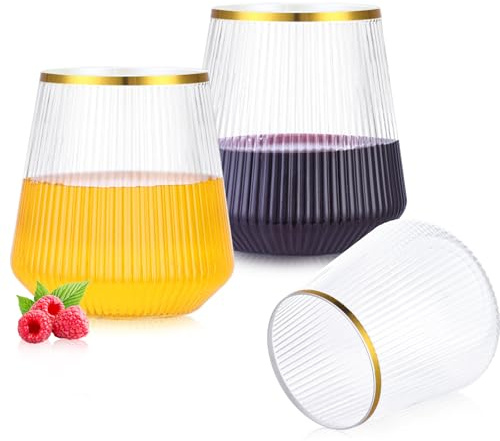 Kunststoff-Weingläser mit Rippenoptik & Goldrand, 14oz (420ml) stielose wiederverwendbare BPA-frei Weinbecher, Klare unzerbrechliche Cocktailgläser für Outdoor-Party, Picknick, Drinnen & Draußen