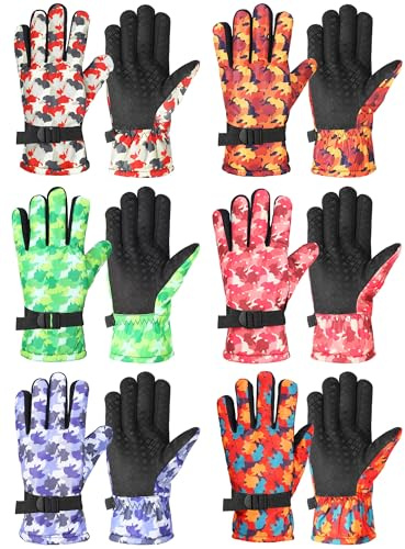 Bencailor 6 Pairs Kids Winter Gloves Waterproof Ski Glove Boy Girl Warm Snow Snowboard Mittens for Cold Unisex(Multicolor,6-10 Years,Multicolor Camo,Camouflage)