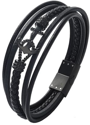 GTMJ Black Anchor Genuine Leather Bracelet for Men 8in - Stainless Steel Clasp - Gift for Him, Boyfriend, Husband