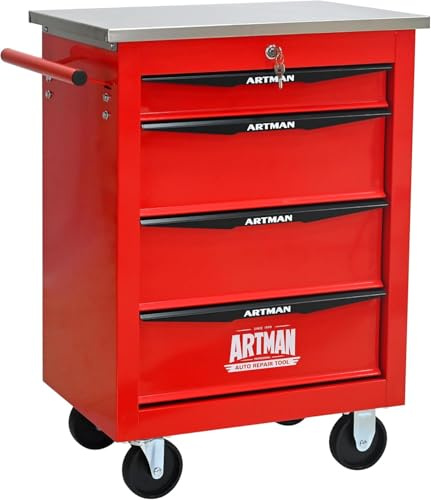 nifoti 4-Drawer Rolling Tool Chest with Stainless Steel Countertop,Tool Chest with Secure Locking System,Mobile Storage Tool Cabinet with 360°Wheels and Padded Feet,for Home,Garage (Red)