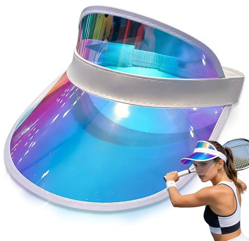 Liekadijiae Transparent solskydd för kvinnor och män PVC transparent färgglad, unisex 80-tals stil retro neon solskydd dam plast visir retro solhatt för golf sport kostym (laserblå)