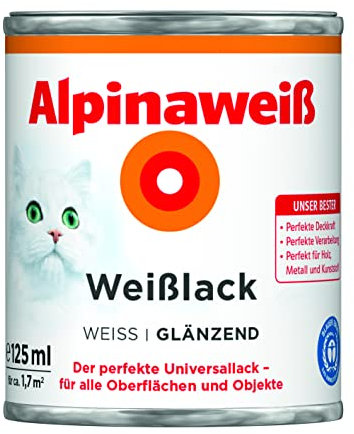 Alpinaweiß Weißlack – glänzend – Universallack für den Innen- und Außenbereich – hochdeckend, wetterbeständig & schnelltrocknend – für optimale Lackier-Ergebnisse – 125 ml