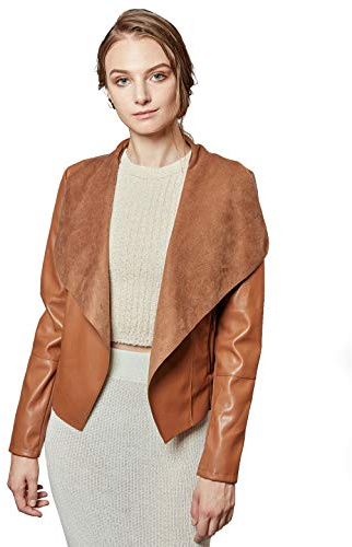 Escalier Women's Faux Leather Jackets Slim Open Front Lapel Blazer Jackets Brown X-Large