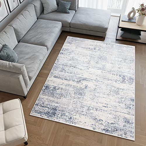 TAPISO Sky Teppich Kurzflor Modern Creme Blau Grau Meliert Design Vintage Wohnzimmer Schlafzimmer Patchwork 3D Optik ÖKOTEX 120 x 170 cm