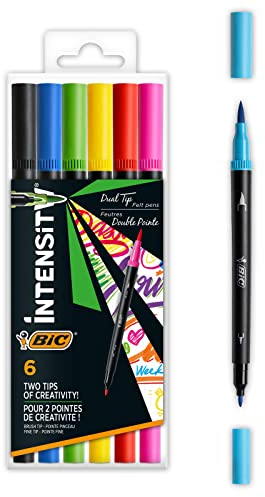 BIC Intensity Filzstifte Set, Dual Tip Brush Pen zum Malen in 6 verschiedenen Farben, mit dicker und dünner Spitze