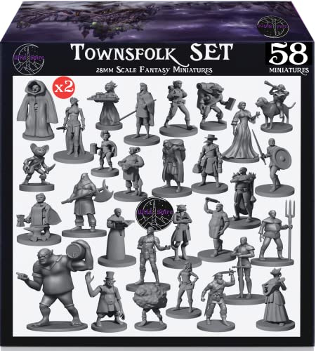 Newcombie Wildspire 58 Fantasy Miniatures Set Townsfolk Characters for DND Miniatures Bulk 28mm Dungeons and Dragons Miniatures | for DND Minis and D&D Miniatures I Character Sheets & Quests