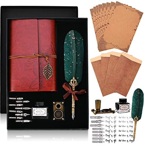 Cieex Conjunto de Pluma de Plumaje con Cuader de Cuero Pluma Estilografica, Puntas, Tinta, Soporte Bolígrafos, Sobres, papeles, Mejor Regalo para Amantes de Artículos Retro