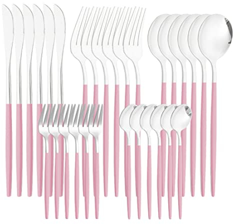 30PCS Silverware Set Stainless Steel Flatware Tableware Cutlery Utensil Set for Kitchen Pink