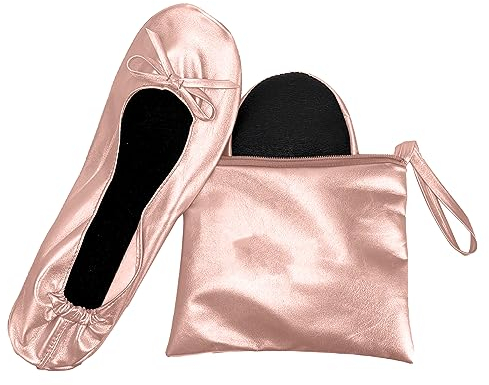 JJ PRIME - After Party Shoes with Foldable Bag Foldable Ballet Pumps Roll up Foldable Pumps (5/6 UK, Rose Gold)