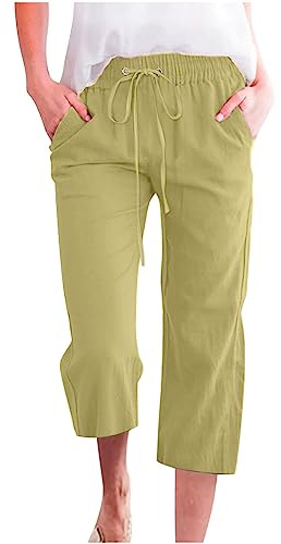 oglccg Womens Capris Trousers 3/4 Pants Cotton Linen Elastic High Waist Cropped Drawstring Summer Autumn Solid Color Pockets Loose Straight Wide Leg Outdoor Plus Size 8-72, #05 Green
