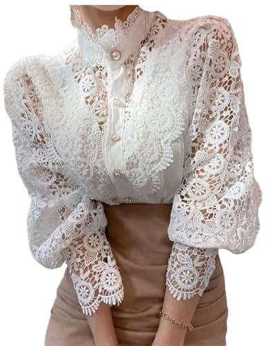 Minetom Donna Camicia Manica Lunga Blusa Elegante Maglietta Camicie in Pizzo Tinta Unita Oversize Scollo a V Shirt Top D Bianco XL