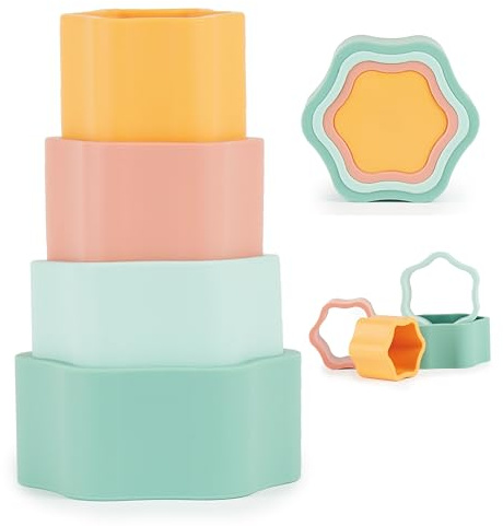 Bieco Tropical Vibes Stapelbar Silikon Stapelbar Mugg | Mjuk konstruktion | Konstruktion för barn 1 år Pyramid Montessori Stapelbara Kuber för Barn Mjuka Kuber Baby