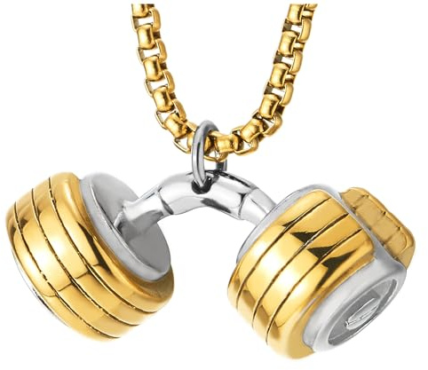 COOLSTEELANDBEYOND Uomo Acciaio Inossidabile Argento Oro Due Toni Bilanciere Manubrio Ciondolo Collana con Catena del Grano 70CM