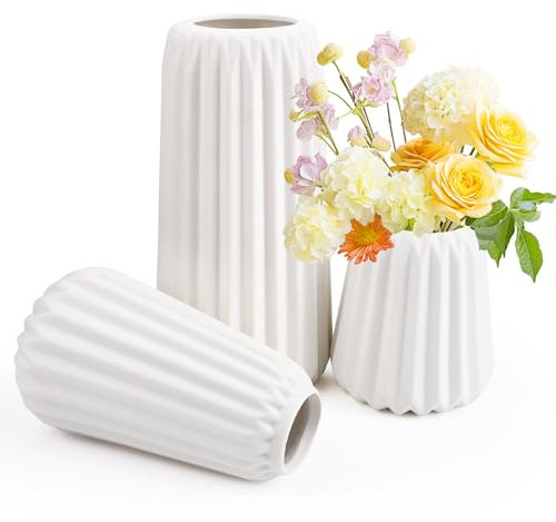 Vasen Deko, Keramik Vase Weiß 3er-Set, Matte Blumenvase Moderne mit Rillen, Dekorative Vasen für Blumen,Flower Vase für Pampasgras, Kleine Vase Aesthetic für Home Decor Tisch Eingang Bücherregal