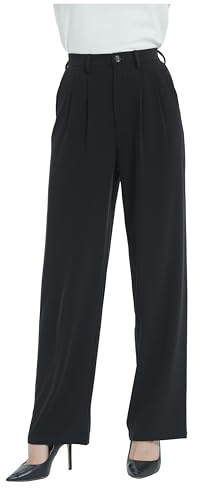 Tronjori Pantalon habillé Décontracté à Jambe Droite pour Femme - Pantalon de Travail et de Costume, Ceinture élastique dans Le Dos, Noir, Taille L