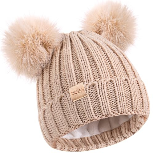 Kids Winter Beanie Hat Warm Ski Caps with Pompom Fleece Lined Children's Knit Hat for Boys Girls Beige